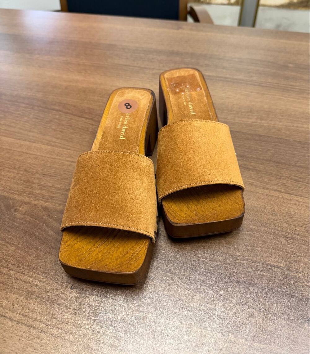 Vintage 90s Charles David Brown Suede Wood Platform Mules Clogs.